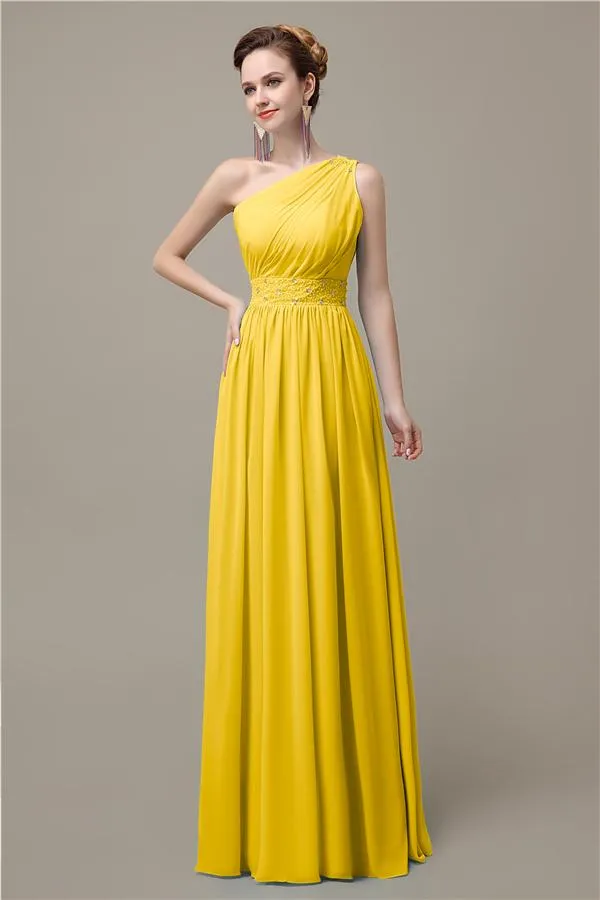 A-line Chiffon One Shoulder Floor-Length Long Bridesmaid Dresses with Beads