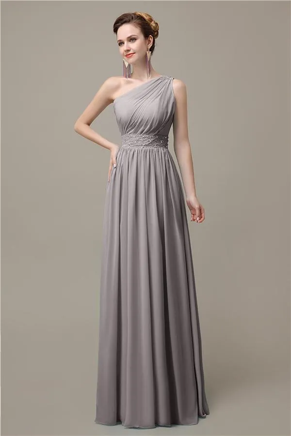 A-line Chiffon One Shoulder Floor-Length Long Bridesmaid Dresses with Beads