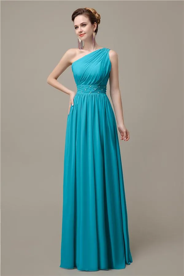 A-line Chiffon One Shoulder Floor-Length Long Bridesmaid Dresses with Beads