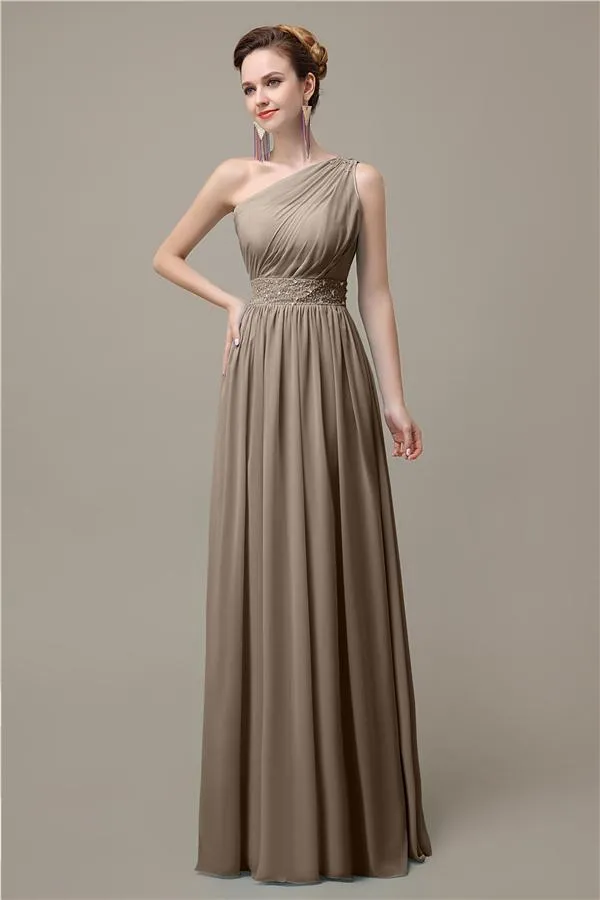 A-line Chiffon One Shoulder Floor-Length Long Bridesmaid Dresses with Beads