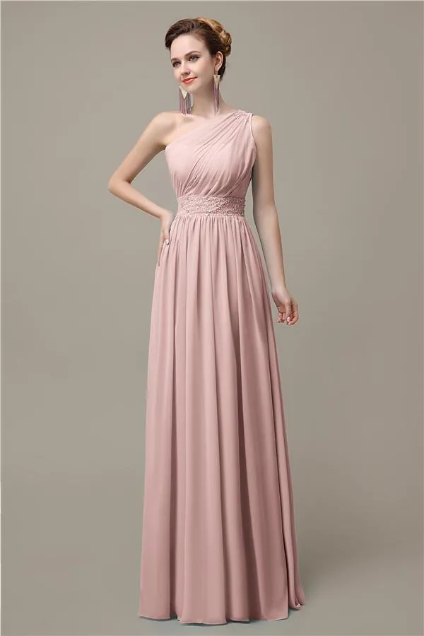 A-line Chiffon One Shoulder Floor-Length Long Bridesmaid Dresses with Beads