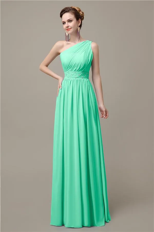 A-line Chiffon One Shoulder Floor-Length Long Bridesmaid Dresses with Beads