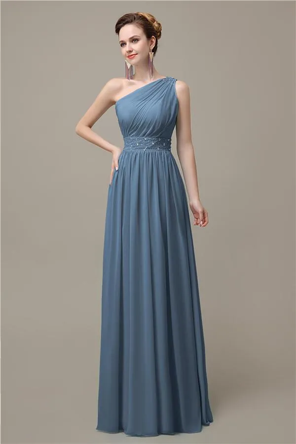 A-line Chiffon One Shoulder Floor-Length Long Bridesmaid Dresses with Beads