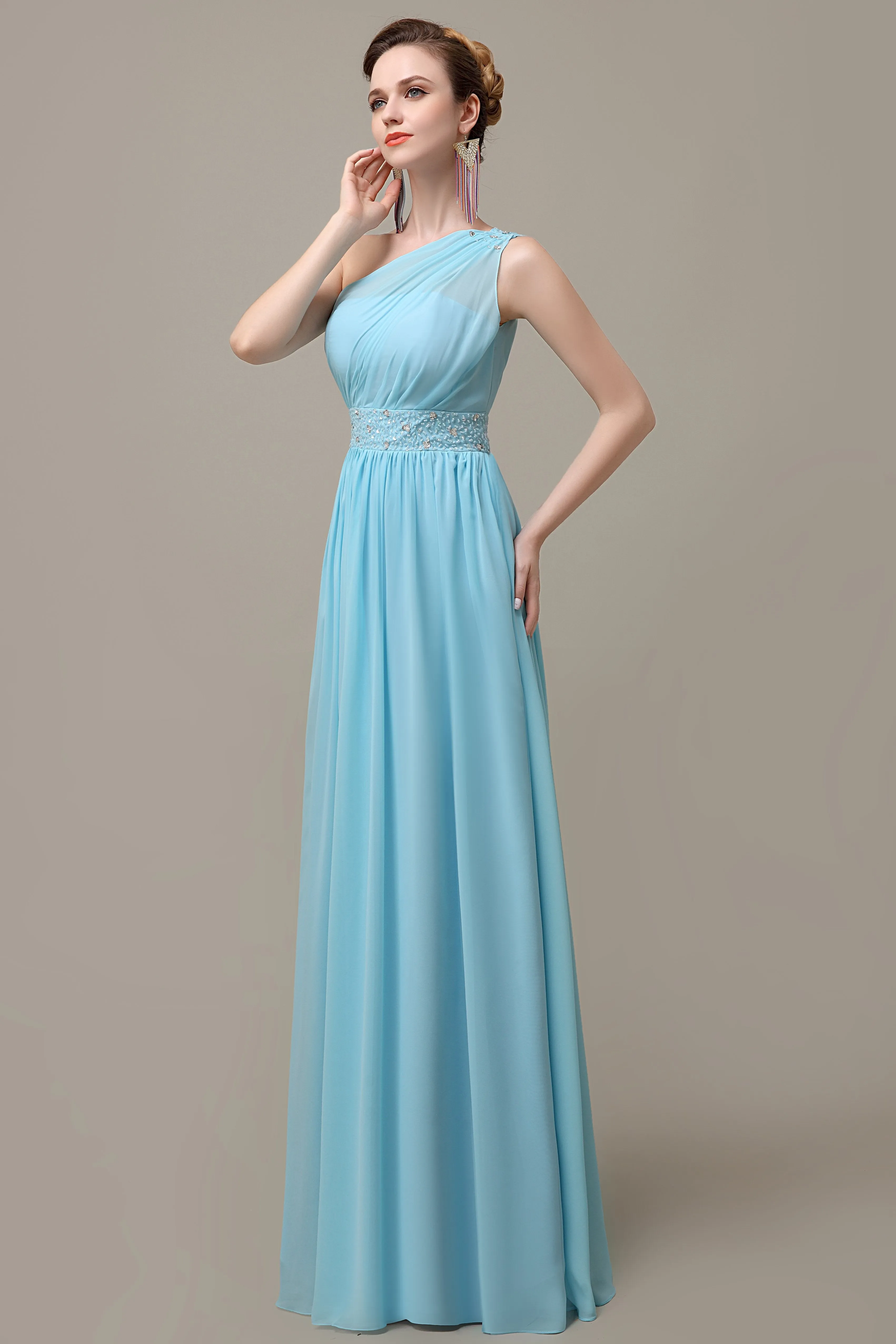 A-line Chiffon One Shoulder Floor-Length Long Bridesmaid Dresses with Beads