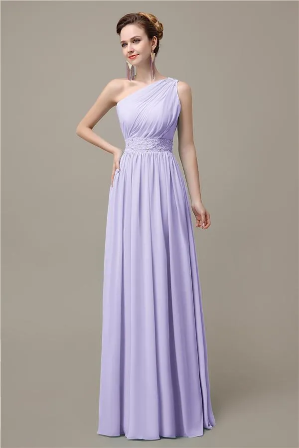 A-line Chiffon One Shoulder Floor-Length Long Bridesmaid Dresses with Beads