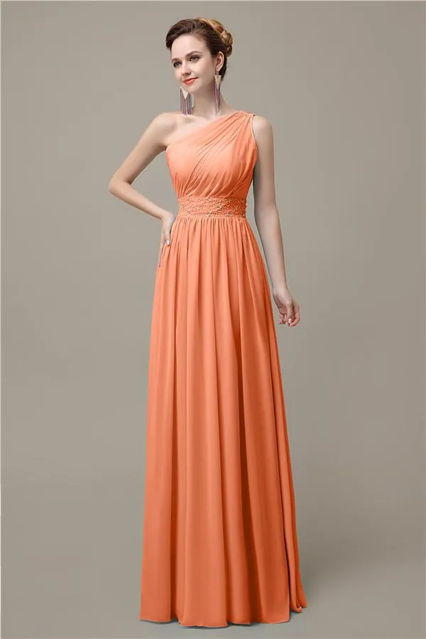 A-line Chiffon One Shoulder Floor-Length Long Bridesmaid Dresses with Beads