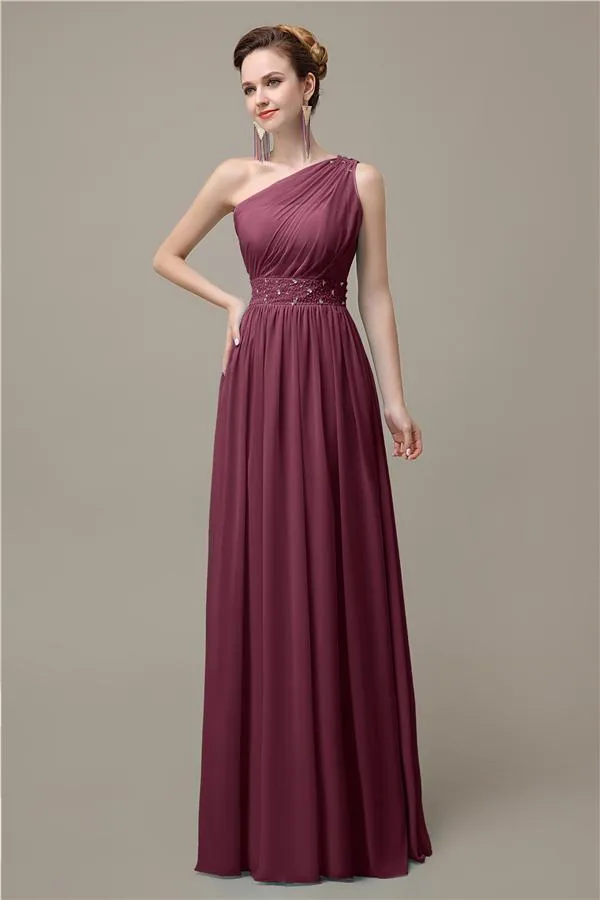 A-line Chiffon One Shoulder Floor-Length Long Bridesmaid Dresses with Beads