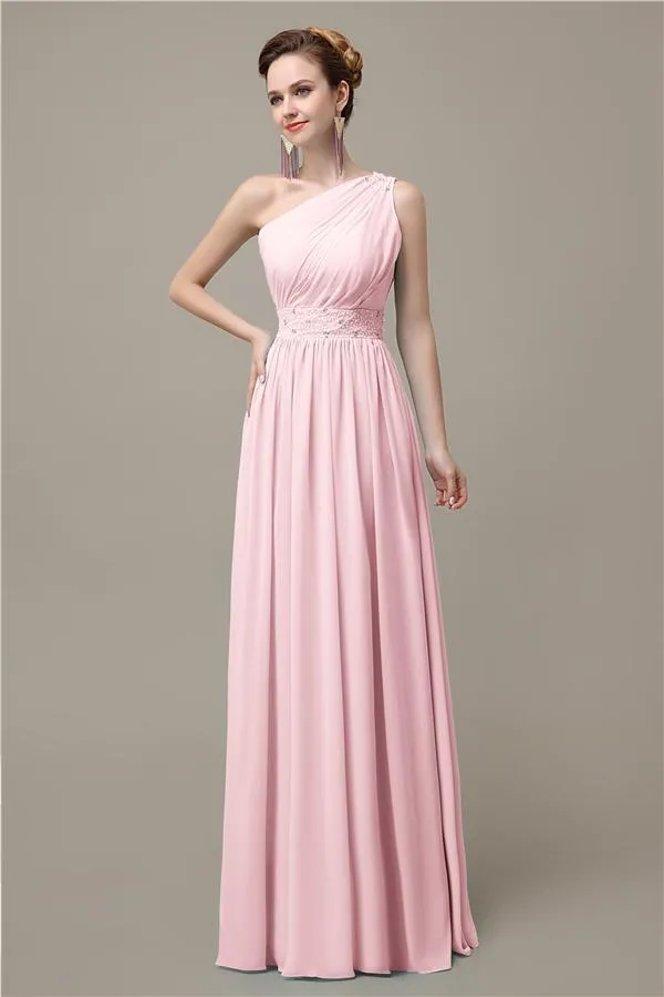 A-line Chiffon One Shoulder Floor-Length Long Bridesmaid Dresses with Beads