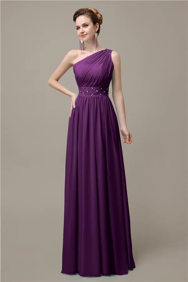 A-line Chiffon One Shoulder Floor-Length Long Bridesmaid Dresses with Beads