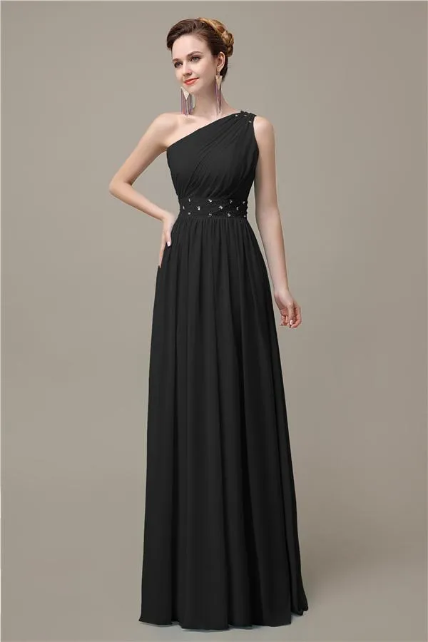 A-line Chiffon One Shoulder Floor-Length Long Bridesmaid Dresses with Beads