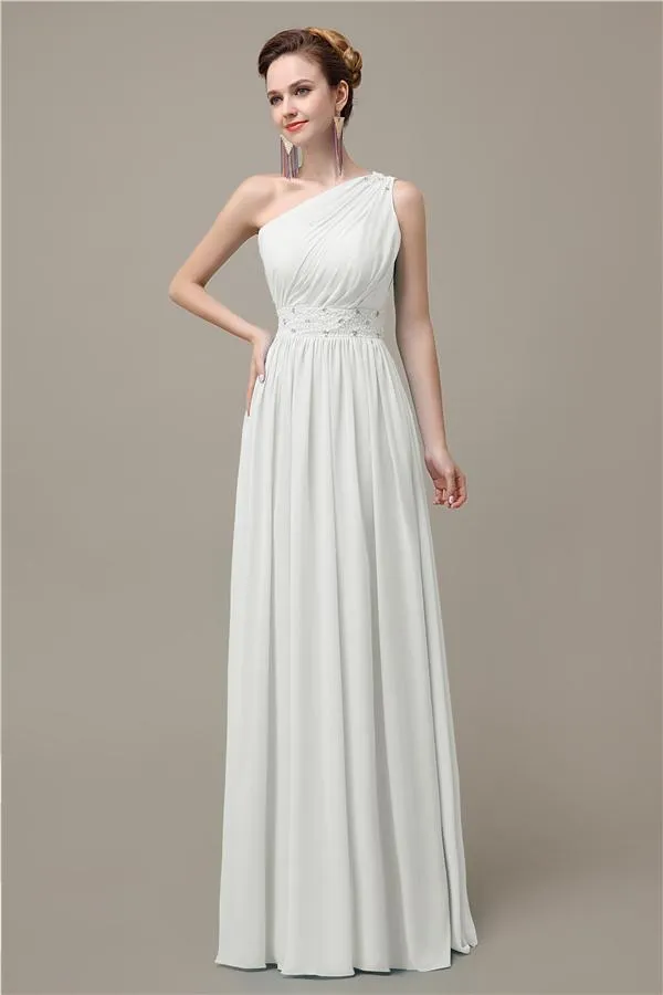 A-line Chiffon One Shoulder Floor-Length Long Bridesmaid Dresses with Beads