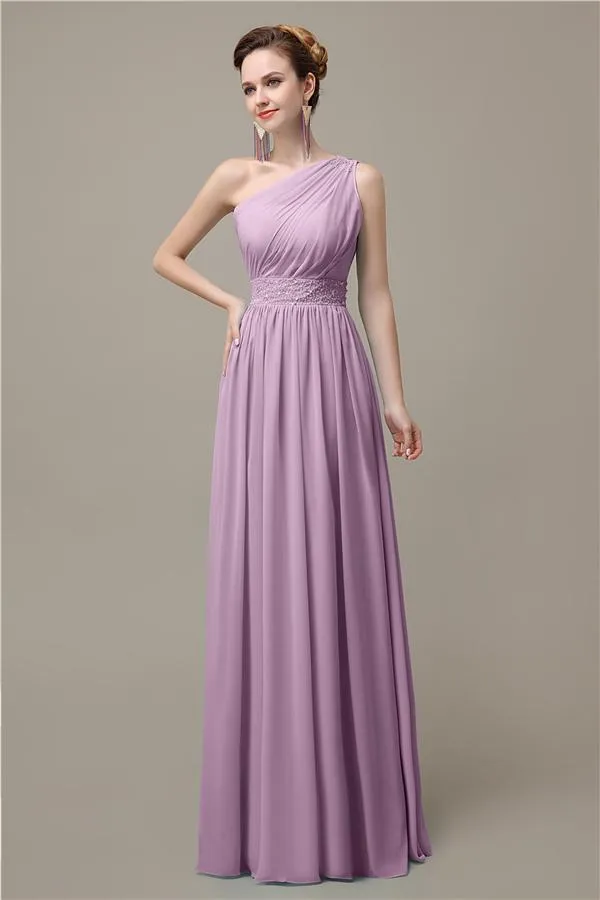 A-line Chiffon One Shoulder Floor-Length Long Bridesmaid Dresses with Beads