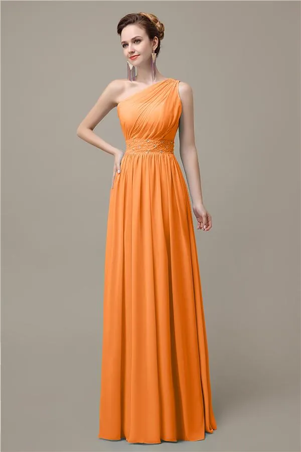 A-line Chiffon One Shoulder Floor-Length Long Bridesmaid Dresses with Beads