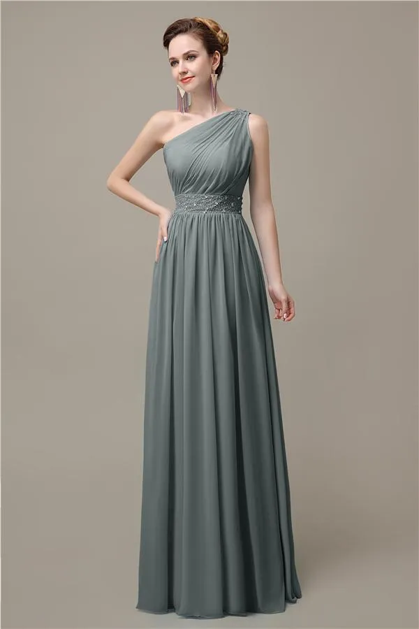 A-line Chiffon One Shoulder Floor-Length Long Bridesmaid Dresses with Beads