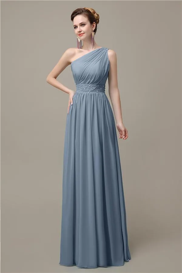 A-line Chiffon One Shoulder Floor-Length Long Bridesmaid Dresses with Beads