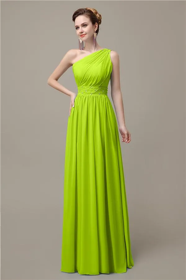 A-line Chiffon One Shoulder Floor-Length Long Bridesmaid Dresses with Beads