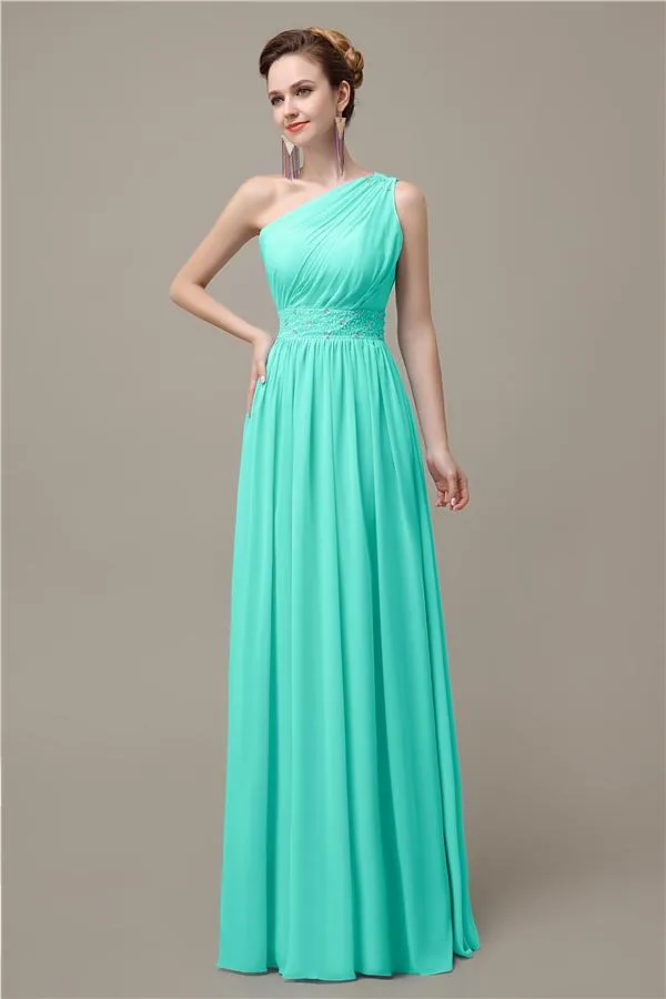 A-line Chiffon One Shoulder Floor-Length Long Bridesmaid Dresses with Beads