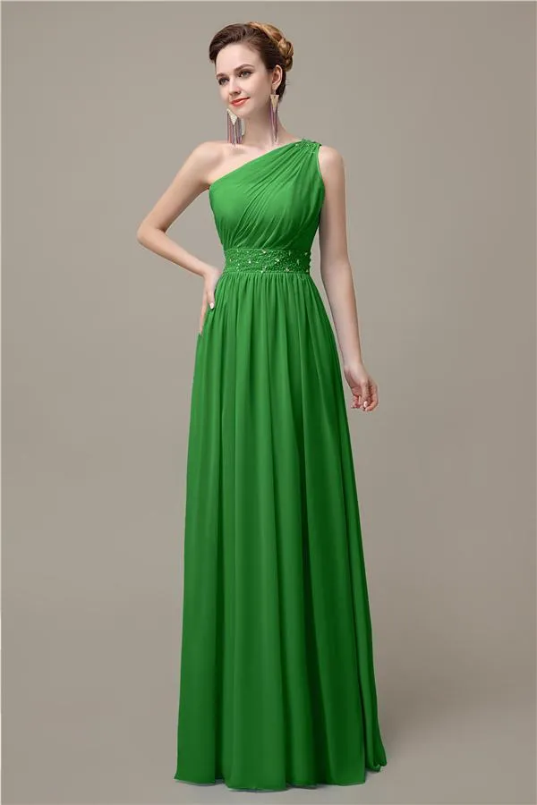 A-line Chiffon One Shoulder Floor-Length Long Bridesmaid Dresses with Beads