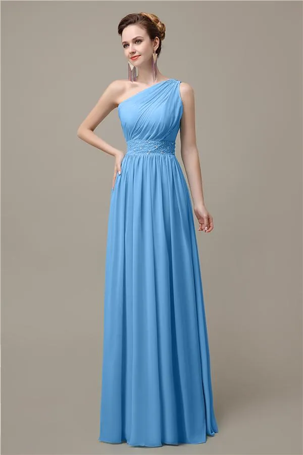 A-line Chiffon One Shoulder Floor-Length Long Bridesmaid Dresses with Beads