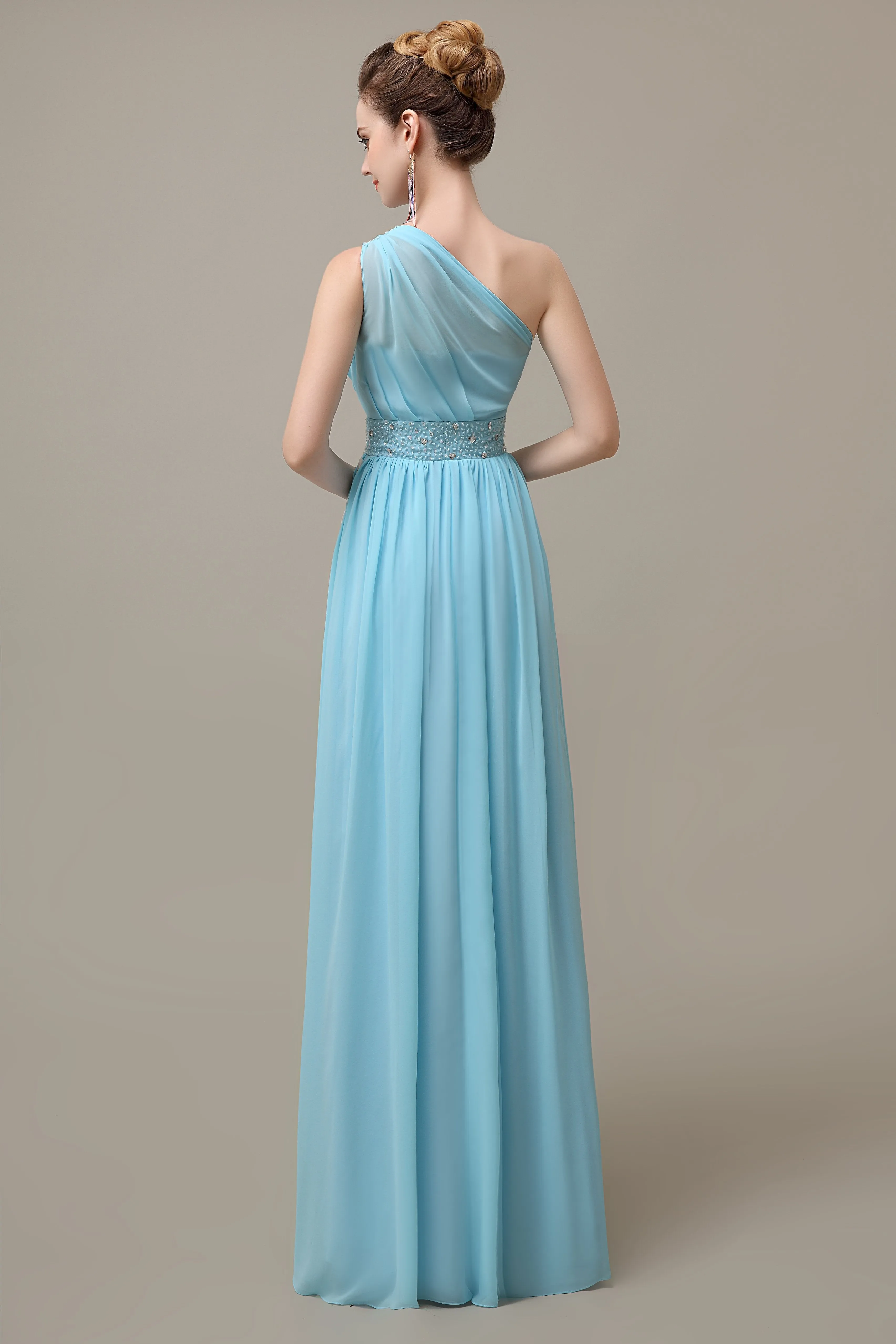 A-line Chiffon One Shoulder Floor-Length Long Bridesmaid Dresses with Beads