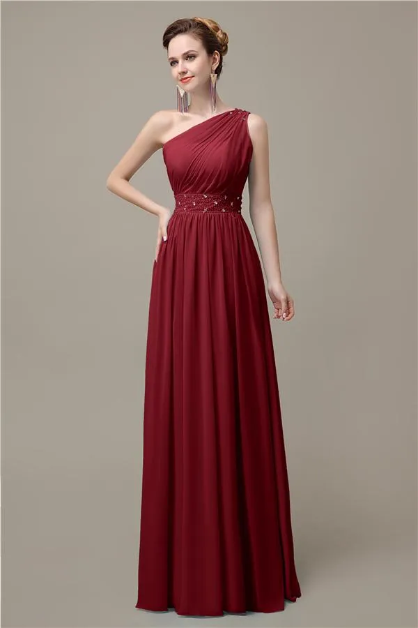 A-line Chiffon One Shoulder Floor-Length Long Bridesmaid Dresses with Beads