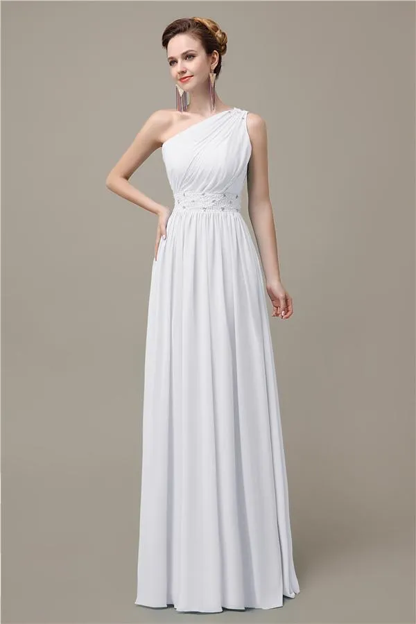 A-line Chiffon One Shoulder Floor-Length Long Bridesmaid Dresses with Beads