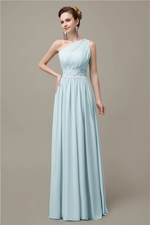 A-line Chiffon One Shoulder Floor-Length Long Bridesmaid Dresses with Beads