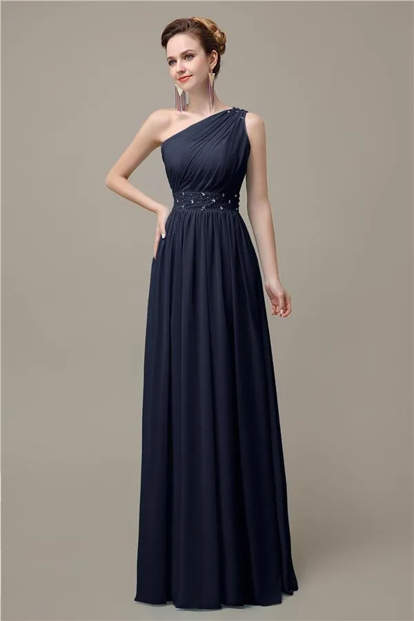 A-line Chiffon One Shoulder Floor-Length Long Bridesmaid Dresses with Beads