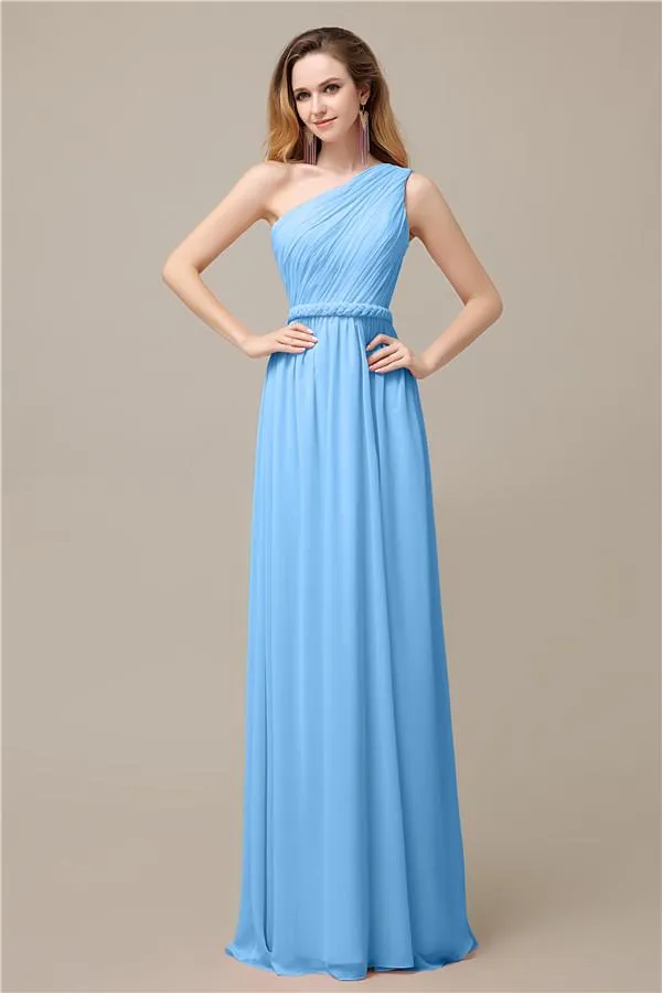 A-line Chiffon One Shoulder Floor-Length Long Bridesmaid Dresses