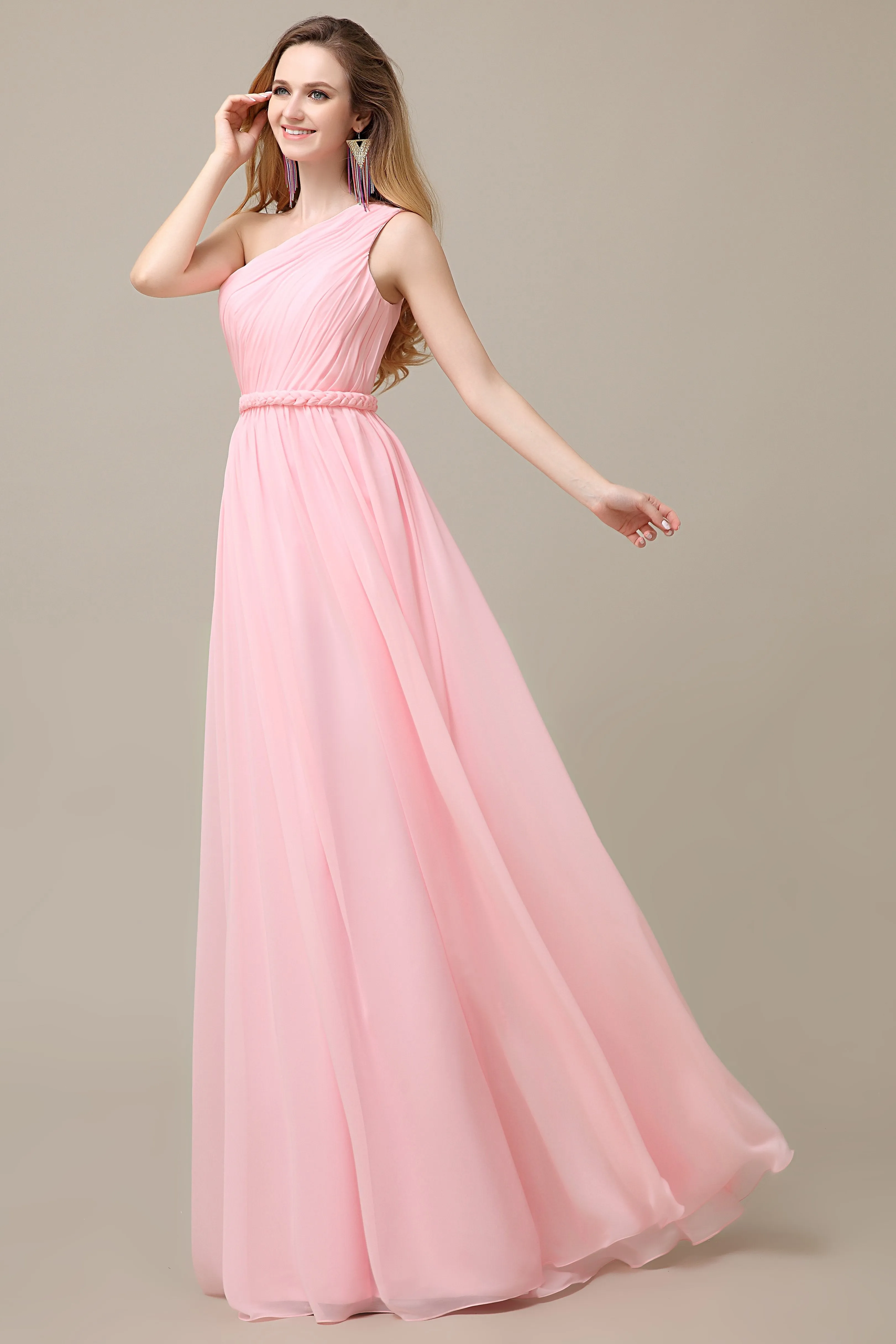 A-line Chiffon One Shoulder Floor-Length Long Bridesmaid Dresses