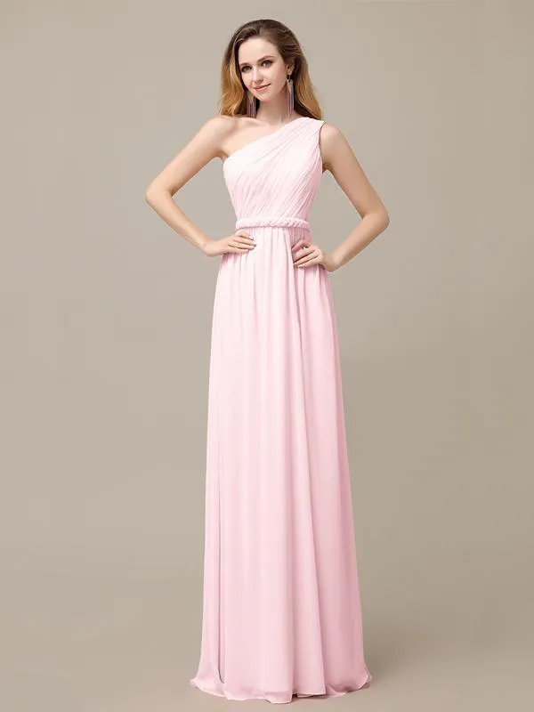 A-line Chiffon One Shoulder Floor-Length Long Bridesmaid Dresses