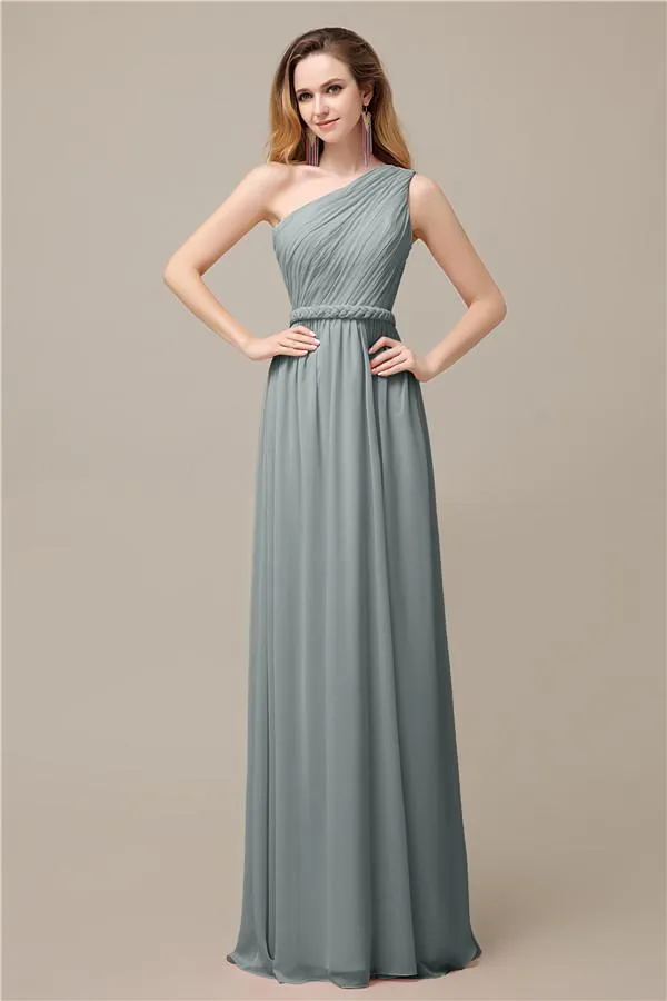 A-line Chiffon One Shoulder Floor-Length Long Bridesmaid Dresses