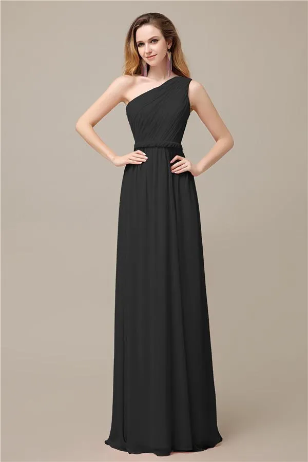 A-line Chiffon One Shoulder Floor-Length Long Bridesmaid Dresses