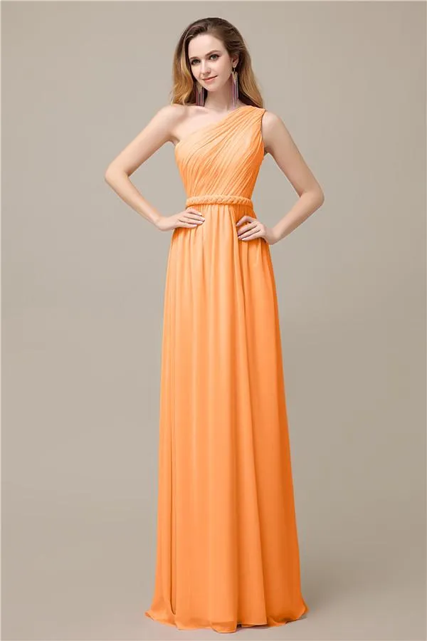 A-line Chiffon One Shoulder Floor-Length Long Bridesmaid Dresses