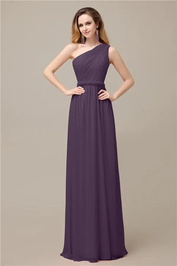 A-line Chiffon One Shoulder Floor-Length Long Bridesmaid Dresses