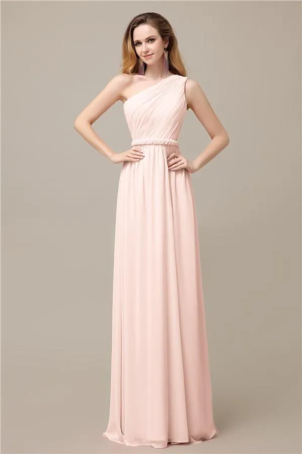 A-line Chiffon One Shoulder Floor-Length Long Bridesmaid Dresses