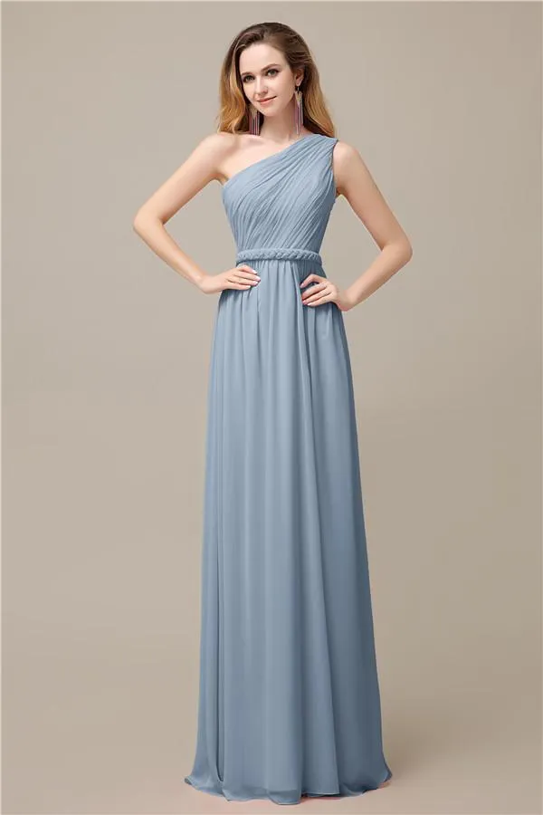 A-line Chiffon One Shoulder Floor-Length Long Bridesmaid Dresses