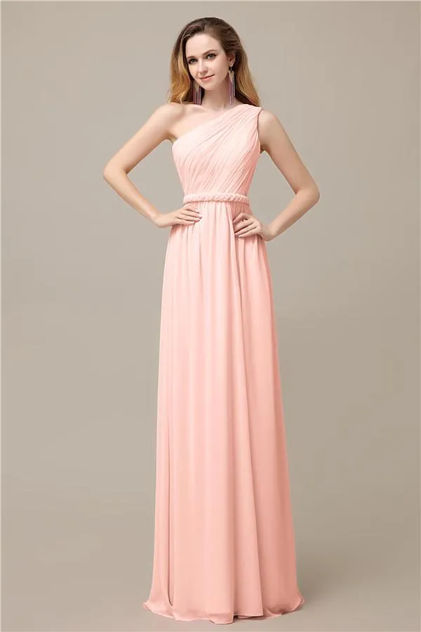 A-line Chiffon One Shoulder Floor-Length Long Bridesmaid Dresses