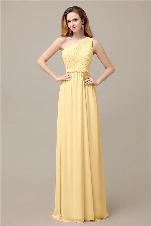 A-line Chiffon One Shoulder Floor-Length Long Bridesmaid Dresses