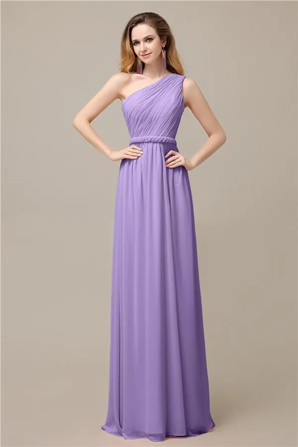 A-line Chiffon One Shoulder Floor-Length Long Bridesmaid Dresses