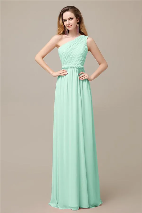 A-line Chiffon One Shoulder Floor-Length Long Bridesmaid Dresses