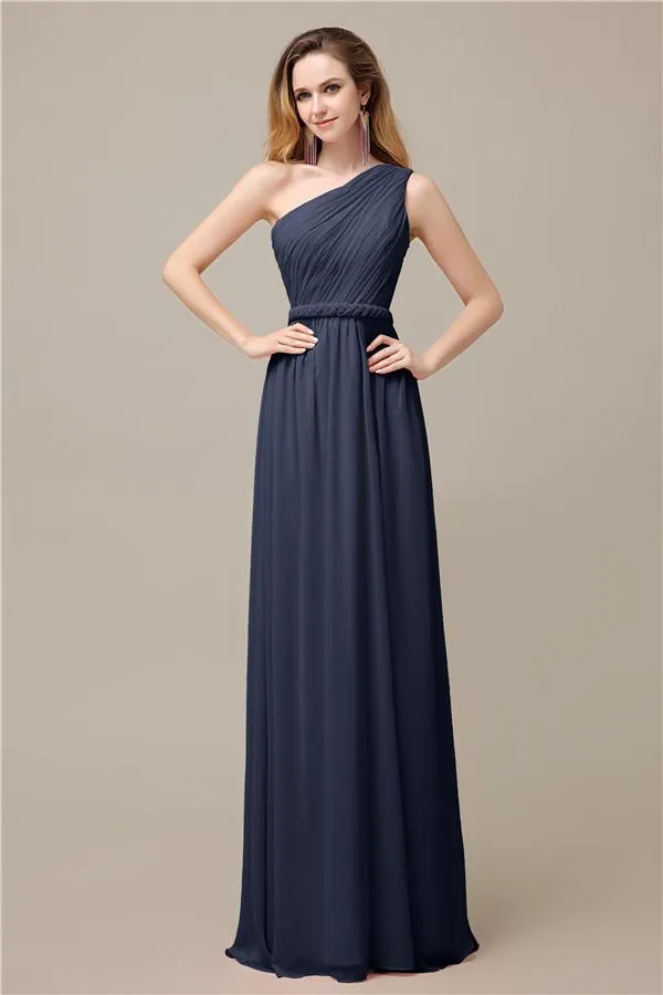 A-line Chiffon One Shoulder Floor-Length Long Bridesmaid Dresses