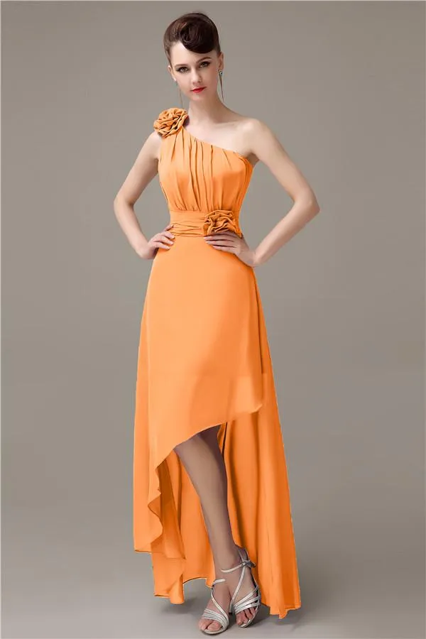 A-line Chiffon One-shoulder High-low Long Bridesmaid Dresses