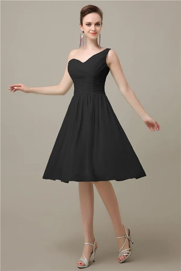 A-line Chiffon One Shoulder Knee-Length Short Bridesmaid Dresses