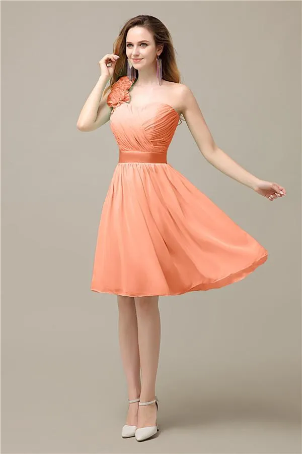 A-line Chiffon One Shoulder Knee-Length Short Bridesmaid Dresses