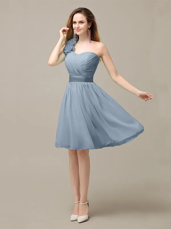 A-line Chiffon One Shoulder Knee-Length Short Bridesmaid Dresses