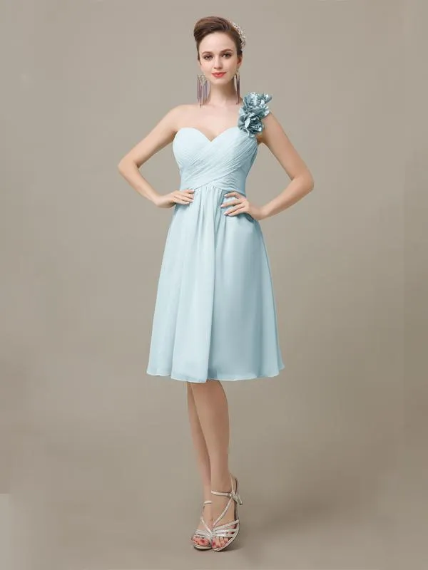 A-line Chiffon One Shoulder Knee-Length Short Bridesmaid Dresses