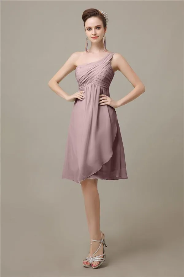 A-line Chiffon One Shoulder Knee-Length Short Bridesmaid Dresses