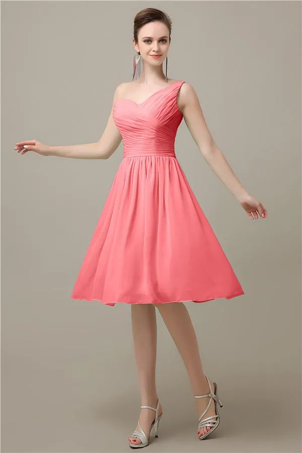 A-line Chiffon One Shoulder Knee-Length Short Bridesmaid Dresses