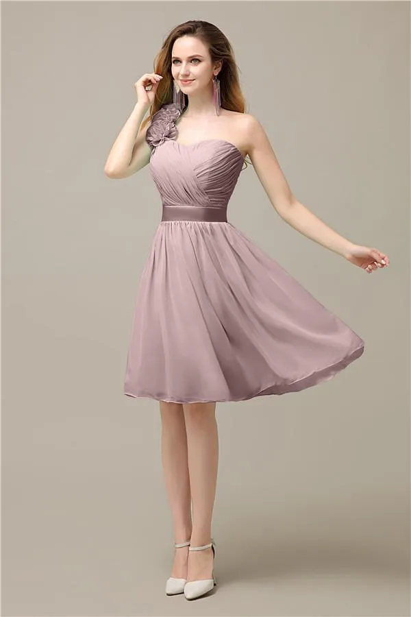 A-line Chiffon One Shoulder Knee-Length Short Bridesmaid Dresses